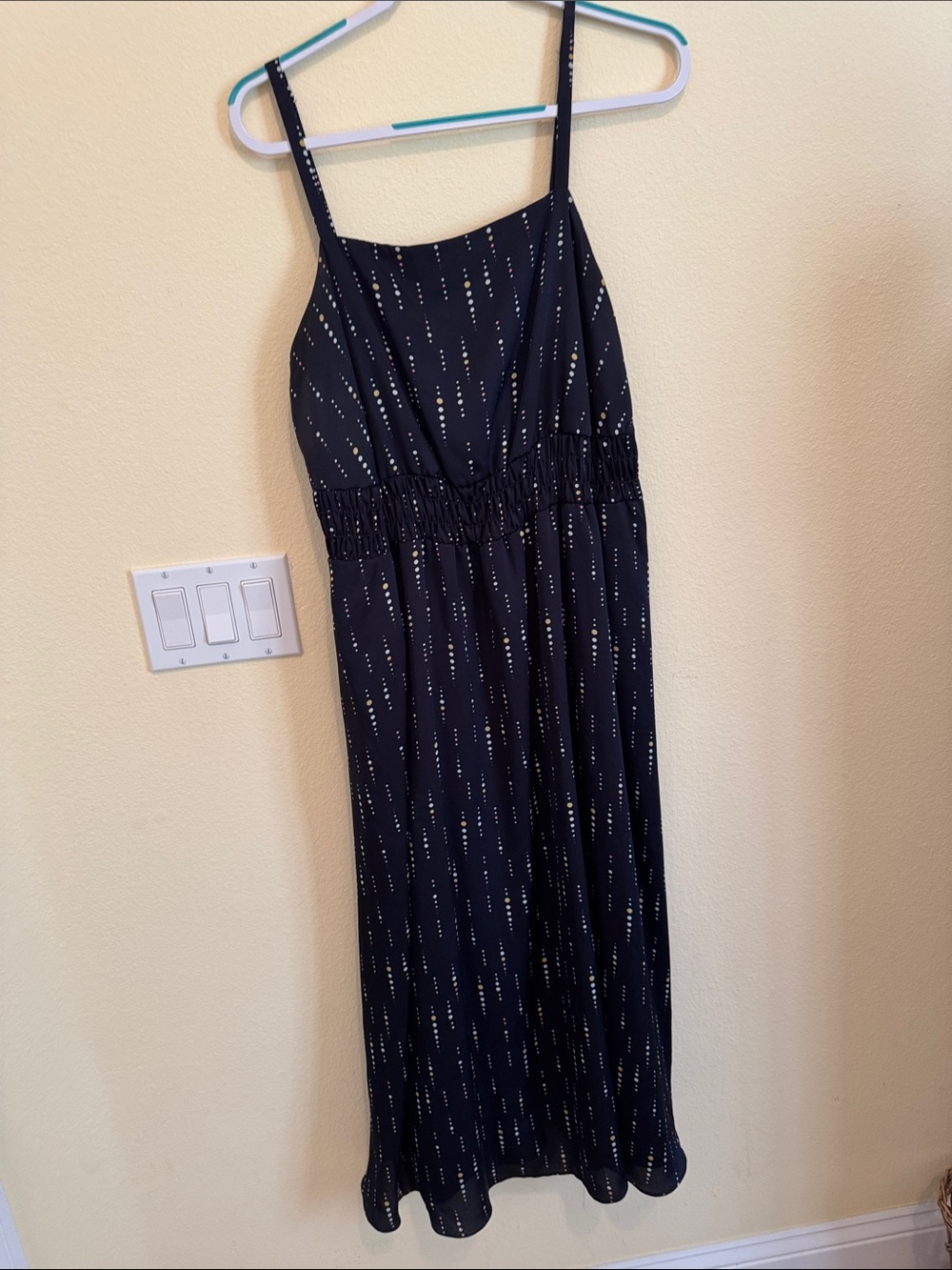 Navy Midi Slip Dress with Elastic Waist and Vertical Dot-Stripe Detail